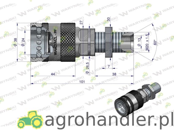 SZYBKOZŁĄCZE GNIAZDO M20x1,5 EURO LONG WIAM20MZL-PP 9100820GW-U12-EURO